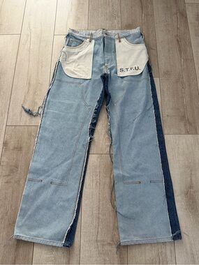 Heron Preston Blue denin Two-Tone Bootcut Jeans double Pocket Panel men 33x32